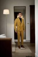 Honey Yellow Suiting Set with Notch Lapel Collar, Unique Pattern, Two-Button Blazer with Pocket, Full Sleeves, and A-Line Pants