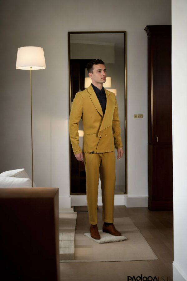 Honey Yellow Suiting Set with Notch Lapel Collar, Unique Pattern, Two-Button Blazer with Pocket, Full Sleeves, and A-Line Pants - Image 2