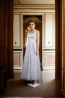 White Net Gown with Beads, Sequins & Square Neckline - Perfect for Elegant Occasions