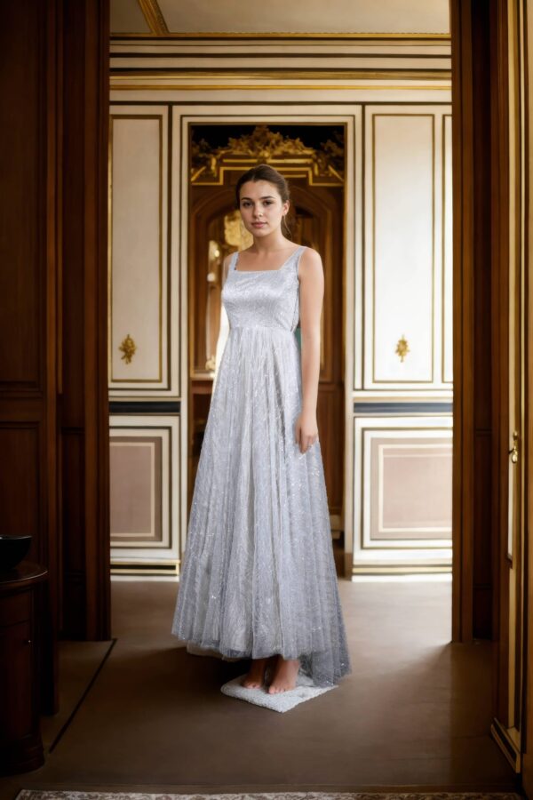 White Net Gown with Beads, Sequins & Square Neckline - Perfect for Elegant Occasions - Image 2