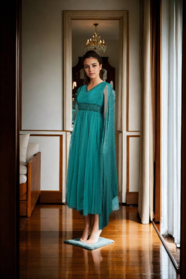 Elegant Green Net Lehenga with Beaded Waist Belt, V-Neckline & Long Cape Sleeves - Perfect for Weddings & Festive Celebrations - Image 2