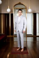 Off-White Cotton Slim-Fit Formal Suit with Notched Lapel, Single-Breasted Closure, and Vented Back Hem