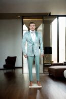 Beads Sea Green Net Suit with Beads & Sequin Work - Silk Satin Peak Lapel Collar, Full Sleeves & A-Line Pants