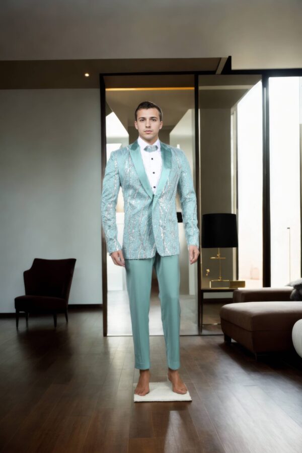 Beads Sea Green Net Suit with Beads & Sequin Work - Silk Satin Peak Lapel Collar, Full Sleeves & A-Line Pants