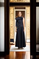 Black Satin One-Shoulder Maxi Gown with Half Sleeves and Long Length - Elegant Evening Wear