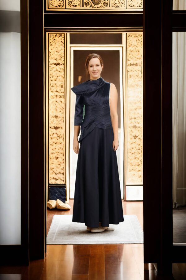Black Satin One-Shoulder Maxi Gown with Half Sleeves and Long Length - Elegant Evening Wear
