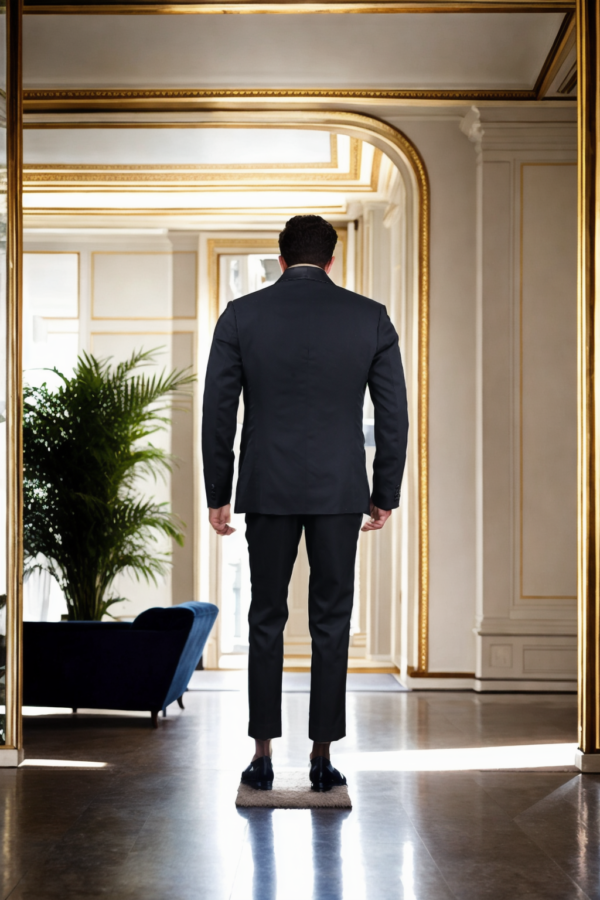 Boys' Black Suiting Slim-Fit 3-Piece Tuxedo - Silk Black Shawl Collar, Single-Breasted Blazer, Full Sleeves & Double-Vented Back Hem - Image 2