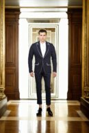 Black Suit in Suiting Fabric with Double Pocket, Notch Lapel Collar, and White Piping Design - Modern Formal Wear