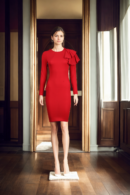 Red Polyester Women's Elegance Bodycon Dress with Long Sleeves, Tiered Ruffle Trim, and Back Zipper - Sophisticated Evening Wear