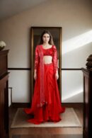 Stunning Red Silk Unique Dhoti Set with Beaded Belt, Net Blouse & Intricate Beadwork - Perfect for Weddings & Formal Events