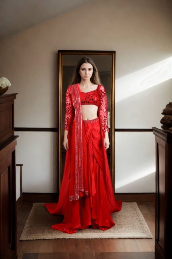 Stunning Red Silk Unique Dhoti Set with Beaded Belt, Net Blouse & Intricate Beadwork - Perfect for Weddings & Formal Events