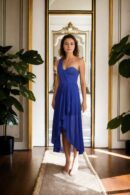 Bluebonnet Blue One-Shoulder Cascade High-Low Dress with Soft Georgette and Corset Denim Top - Elegant Evening Wear