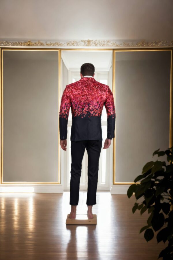 Jersey Black Suit with Notch Lapel Collar, 2 Pockets, and Hot Pink Luxury Taffeta Detailing - Modern Statement Wear - Image 3