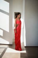 Dazzling Red Full Sequin Work Readymade Drape Saree with Fringe Work Design & Sleeveless Princess-Cut Sweetheart Neckline Blouse - Perfect for Glamorous Events