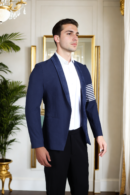 Men's Navy Blue Slim-Fit Suiting Blazer with Shawl Collar & White Vertical Line Details - Modern Elegance
