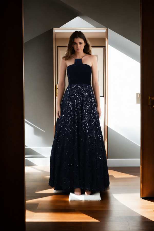 Black Long Western Gown with Velvet Spaghetti Strap Neckline, Gathered Net Skirt & Full Sequin & Bead Abstract Design - Elegant Evening Wear for Special Occasions