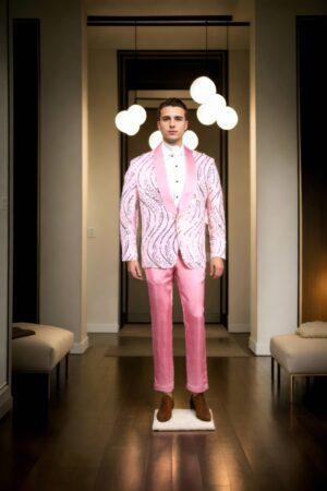 Pink Net Suit with Multicolor Abstract Sequin Work - Silk Georgette Shawl Collar, Full Sleeves & A-Line Pants