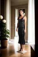 Black Bodycon Sequin Dress with Tilted V-Neckline - Chic & Glamorous Evening Wear