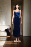 Blue Velvet Strap Gown with Bead Embellishments - Elegant Evening Wear for Special Occasions