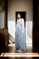 Graceful Sky Blue Net Gown with Beaded Cape & Sequin Detail - Perfect for Weddings & Evening Galas