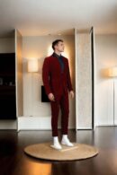 Luxurious Maroon Velvet 2-Piece Suit with Black Notch Lapel - Perfect for Weddings & Formal Events