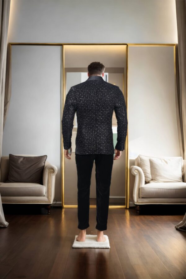 Luxurious Black Velvet Suit Set with Self-Embroidery & Sequin Design, Shawl Collar, Front Open Waistcoat & Formal Velvet Pants - Perfect for Elegant & Formal Occasions - Image 3
