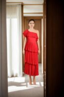 Red One-Shoulder Gown with 4-Layered Frills and Back Zip Opening - Elegant Evening Wear