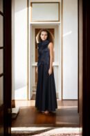 Black Satin One-Shoulder Maxi Gown with Half Sleeves and Long Length - Elegant Evening Wear