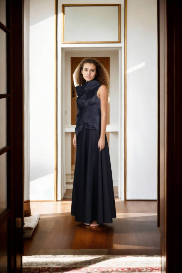 Black Satin One-Shoulder Maxi Gown with Half Sleeves and Long Length - Elegant Evening Wear - Image 2