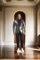 Black Satin Peak Lapel Blazer with Gold-Tone Dot Embellishments & Double Button Closure - Ideal for Evening Events & Formal Occasions