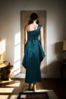 Dark Green Silk Dupioni One-Shoulder Trail Drape Dress - Sleeveless Design with Overlap Flap Skirt & Smocking Detail