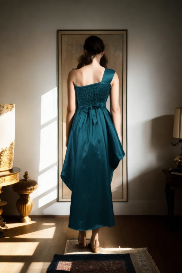 Dark Green Silk Dupioni One-Shoulder Trail Drape Dress - Sleeveless Design with Overlap Flap Skirt & Smocking Detail - Image 5