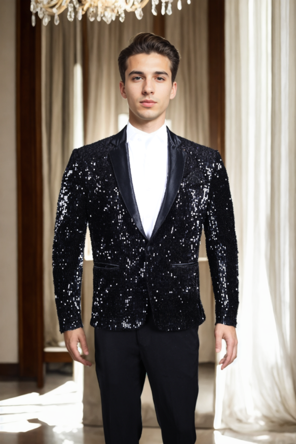 Edgy Black Sequin Blazer with Satin Lapel - Perfect for Weddings & Glamorous Events