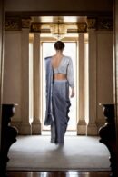 Sophisticated Grey Organza Readymade Drape Saree with One-Shoulder Tube Blouse & Pleated Sleeve Design - Perfect for Elegant Events