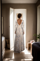 Beige Net Long Western Gown with Beads, Moti, Patchwork & Sequin Work - V-Neckline & Full Sleeves