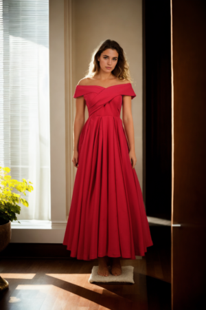 Red Off-Shoulder Gown with Box Pleat Flare - Perfect for Elegant Evenings & Formal Celebrations