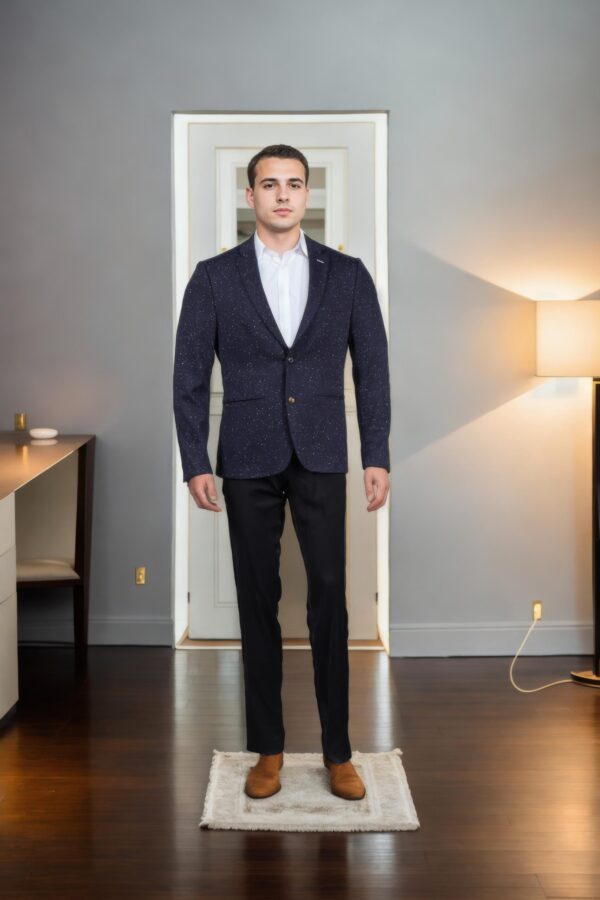 Navy Blue Cotton-Viscose Slim-Fit Formal Suit with Geometric Design, Notched Lapel Collar, Full Sleeves, and Formal Pants