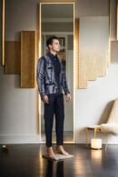 Black Suiting Heavy Blazer with White & Black Beadwork - Long Sleeves, Two Flap Pockets, Chest Welt Pocket