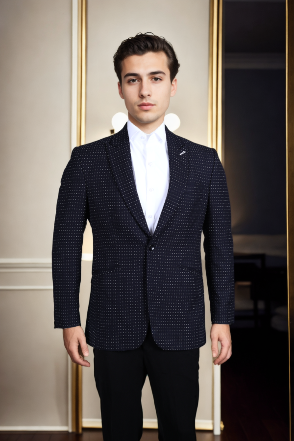 Mens Navy Blue Printed Single-Breasted Blazer with Notched Lapel - Elegant & Contemporary Style