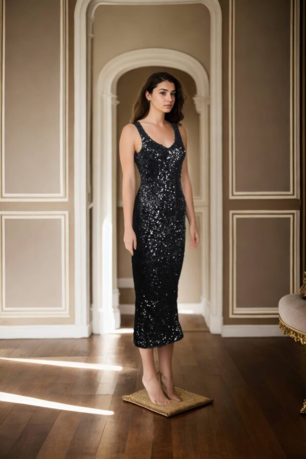 Black Bodycon Sequin Dress with Tilted V-Neckline - Chic & Glamorous Evening Wear - Image 4