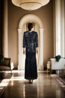 Black Sequin Bodycon Dress with Full Sleeves, Round Neckline & Net Attachment - Glamorous Evening Wear