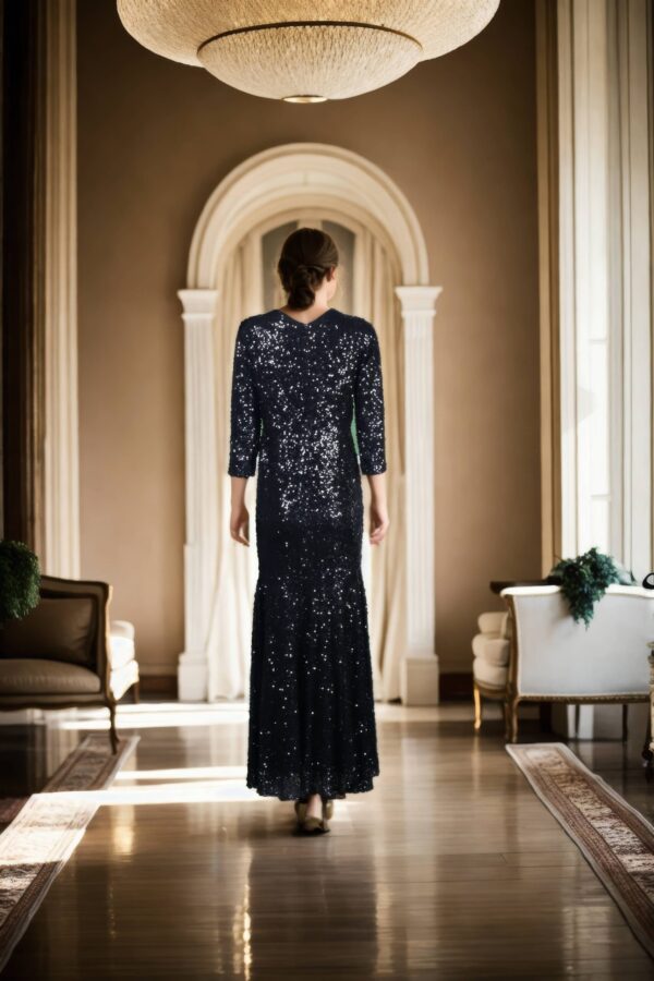 Black Sequin Bodycon Dress with Full Sleeves, Round Neckline & Net Attachment - Glamorous Evening Wear - Image 3