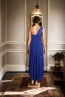 Bluebonnet Blue One-Shoulder Cascade High-Low Dress with Soft Georgette and Corset Denim Top - Elegant Evening Wear