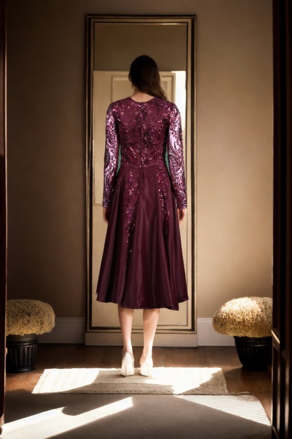 Wine Gown with Net and Sequin Embellishments - Glamorous Evening Wear for Special Occasions - Image 3