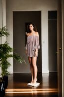 Skin/Silver Lurex Pleated Off-Shoulder Dress with Raglan Full Sleeves, Ruffled Bottom Sleeves & Elasticated Neckline - Elegant & Stylish Dress for Parties, Dinners & Special Events