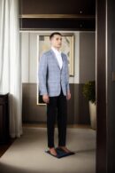 Greyish Blue Cotton Striped Slim-Fit Blazer with Notch Lapel Collar, Long Sleeves, and Yellow Geometric Design Welt Pockets