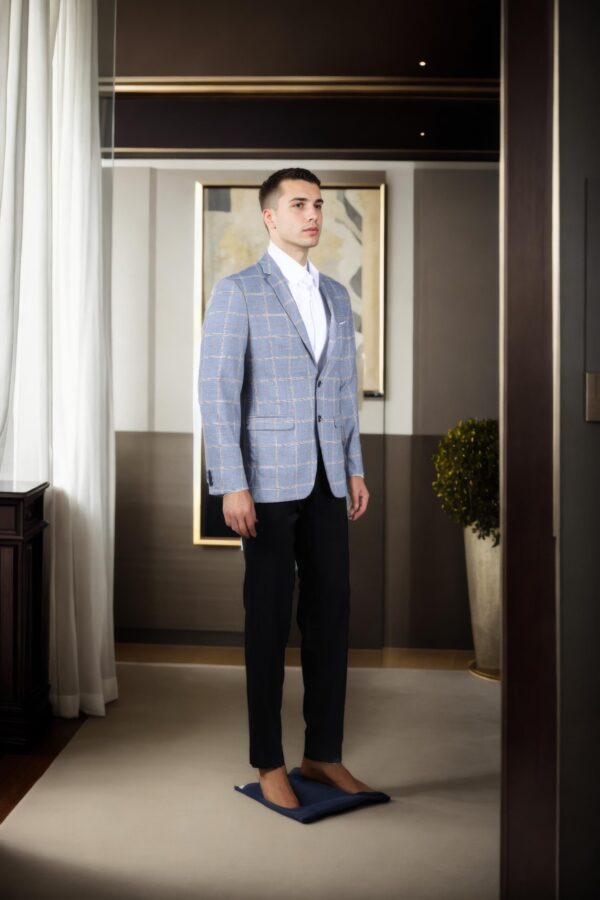 Greyish Blue Cotton Striped Slim-Fit Blazer with Notch Lapel Collar, Long Sleeves, and Yellow Geometric Design Welt Pockets - Image 4