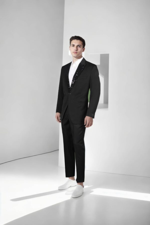 Classic Black Suit with Notched Lapels and Sequins Collar - Perfect for Weddings & Formal Events - Image 4