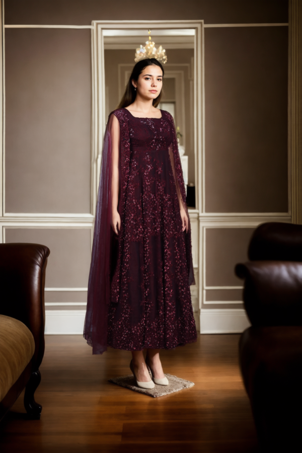 Wine Sequin Gown with Floral Thread Work - Perfect for Elegant Parties & Formal Events - Image 2