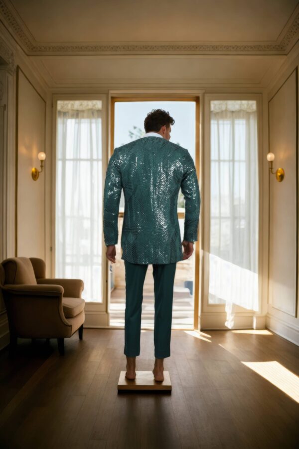 Green Georgette Suit with Self Embroidery & Sequin Work - Waistcoat with Shawl Collar, Geometric Embroidery Design & A-Line Pants - Image 3